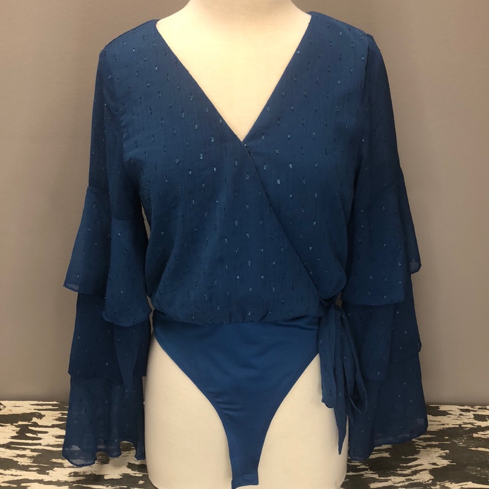 Peach Love California blue bodysuit with layered sleeves